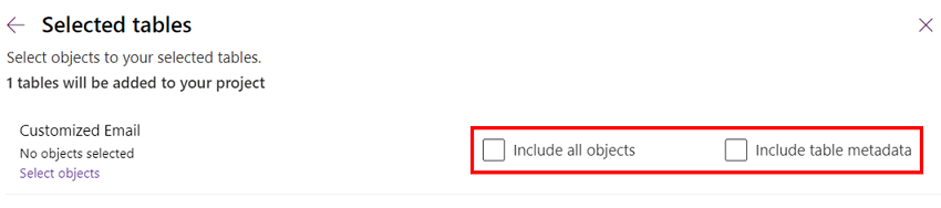 Screenshot showing the Include all objects and Include table metadata checkboxes