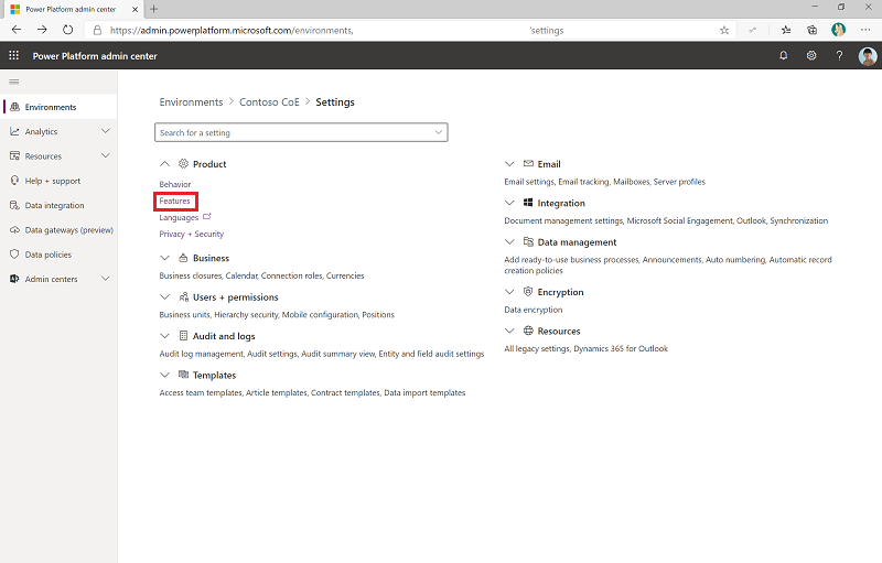 Power Platform admin center - Environment Product Settings.