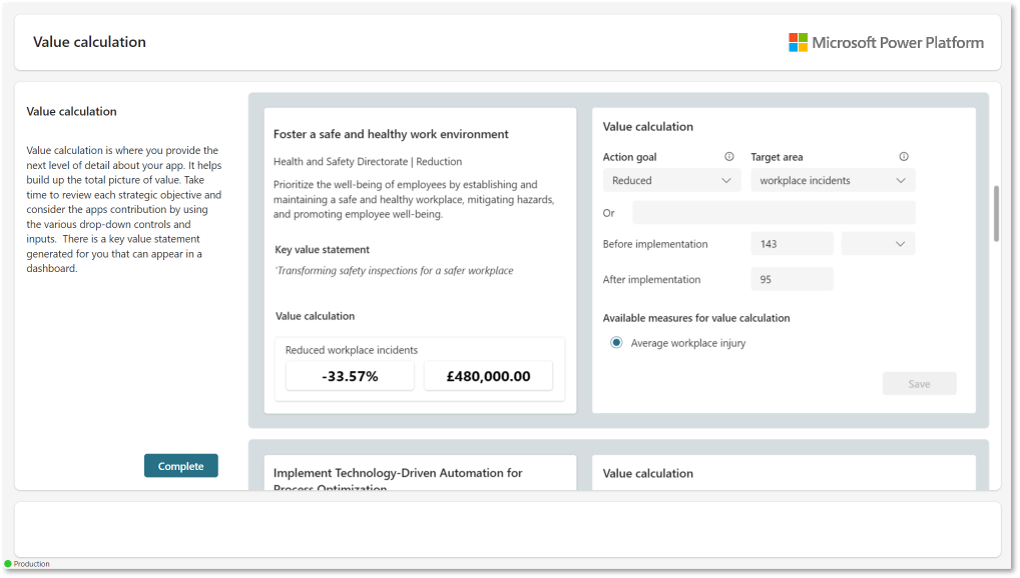 Screenshot of value calculator screen.