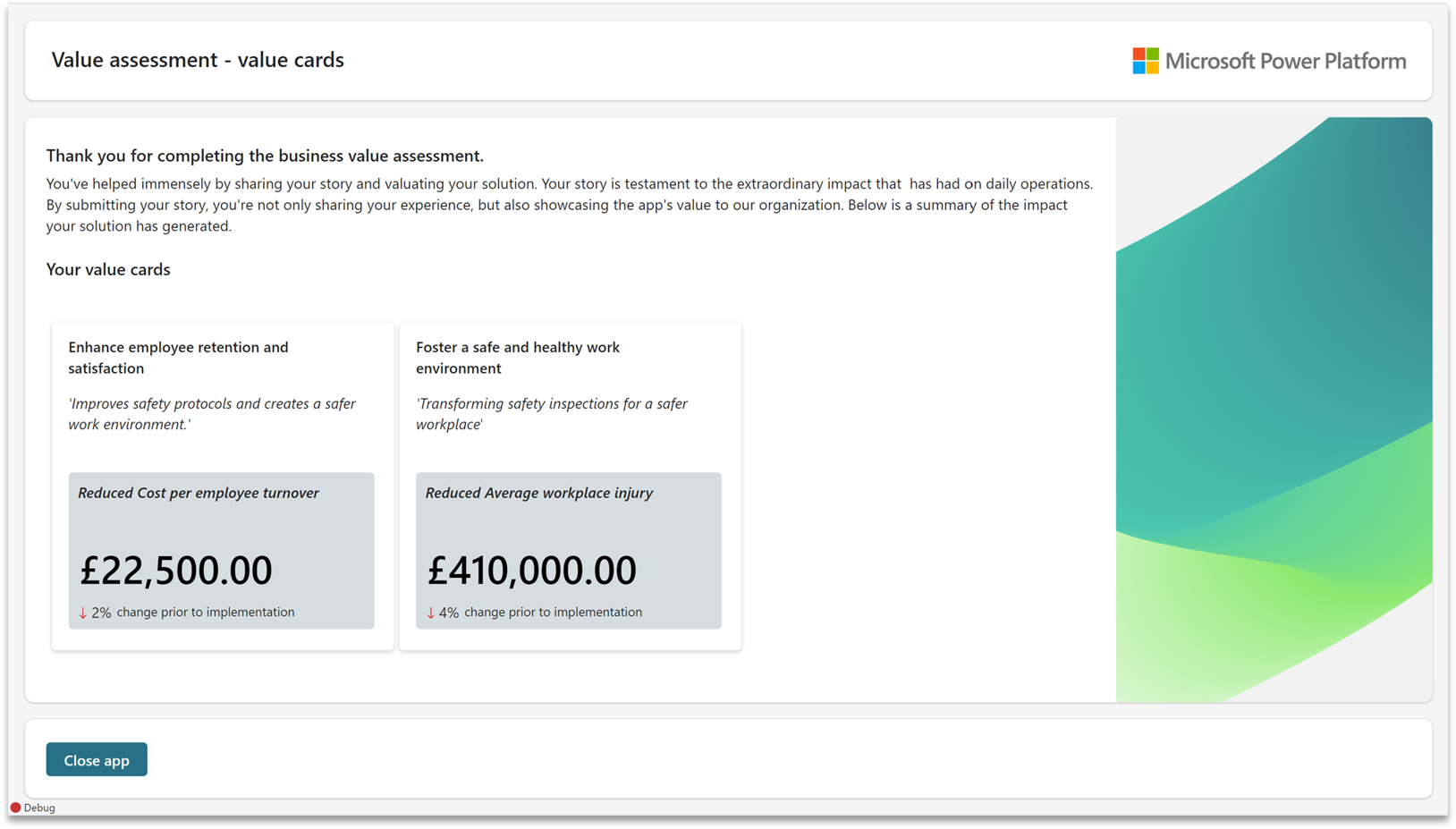 Screenshot of value card summary screen.