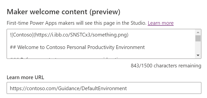 Screenshot of Maker welcome content settings in Power Apps.