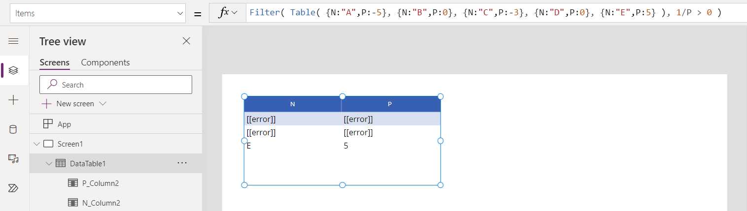 Data table showing errors for two records that could not be processed by the Filter criteria