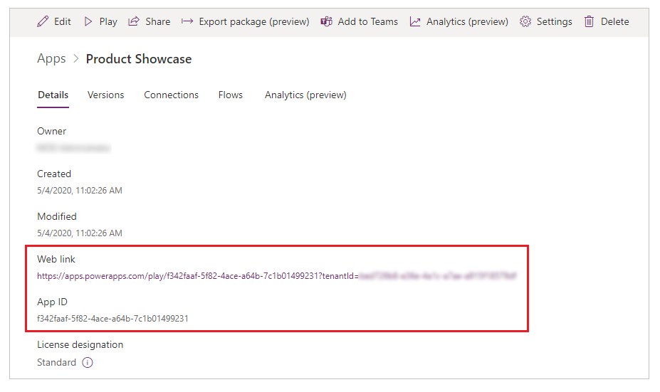 App details with web link and app id.