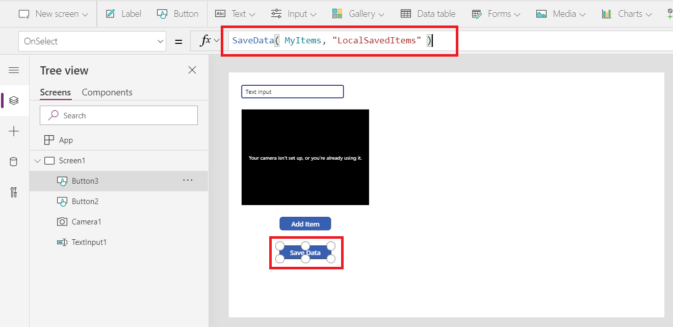 A button control added with the text "Save Data" and the OnSelect property set