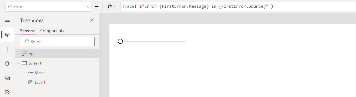 App.OnError formula set to generate a Trace.