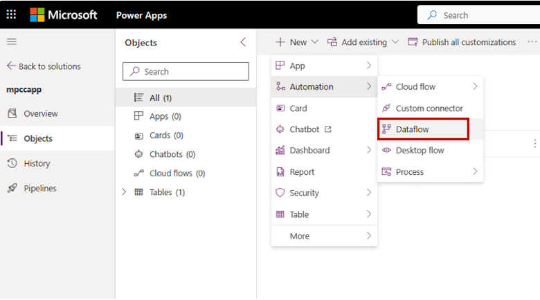 Add new Power Platform Dataflow option to a solution.