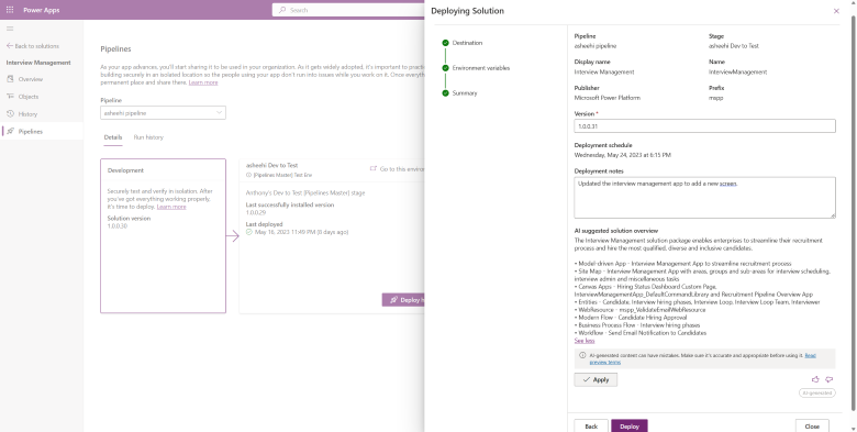 Pipeline stage deployment with AI suggested solution overview.