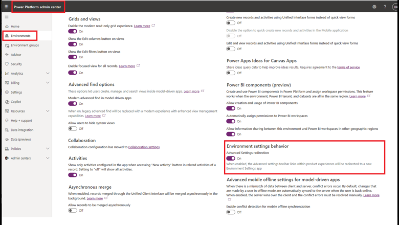 The Advanced settings redirection option in the Power Platform admin center.