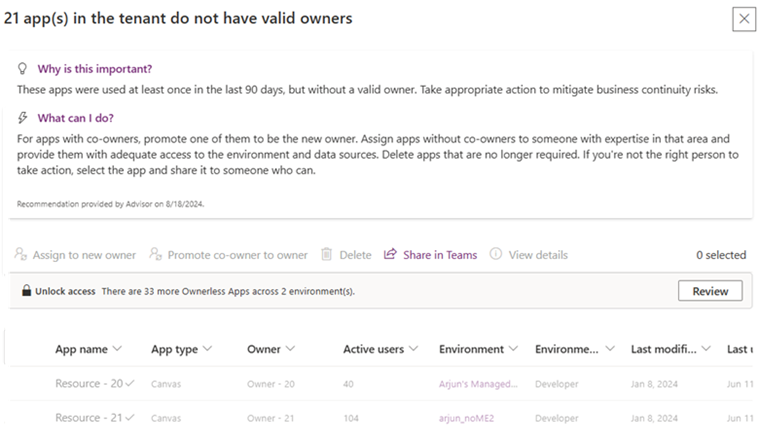 Power Platform Advisor recommendations with summarized insights from non-Managed Environments.