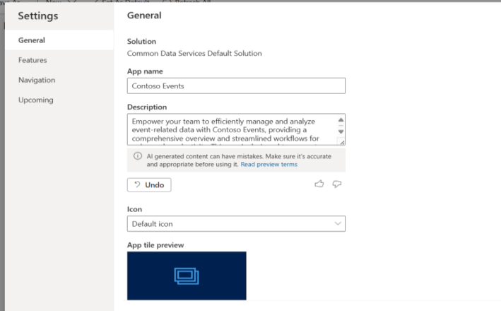 This image shows the App Settings of a model-driven app, with an AI-generated description field