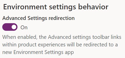 Advanced Settings redirection option in the Power Platform admin center.