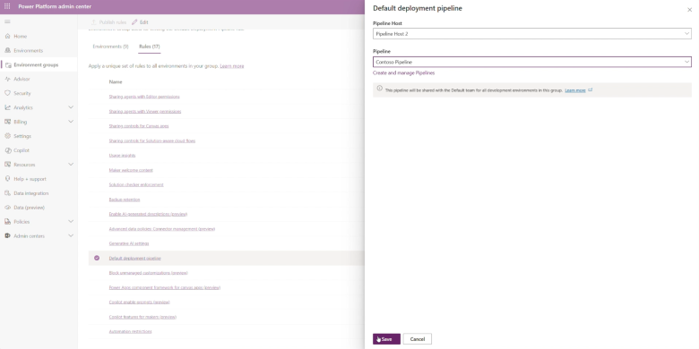 Default Deployment Pipeline rule configuration settings with Pipelines Host and Pipeline dropdown