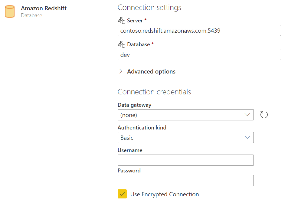 Image of the connection page, with the example server name, port, and database name entered.