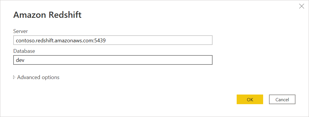 Image showing the Amazon Redshift connection dialog, with the example server name, port, and database name entered.