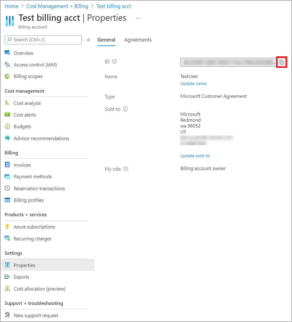 Screenshot of Cost management billing profile.