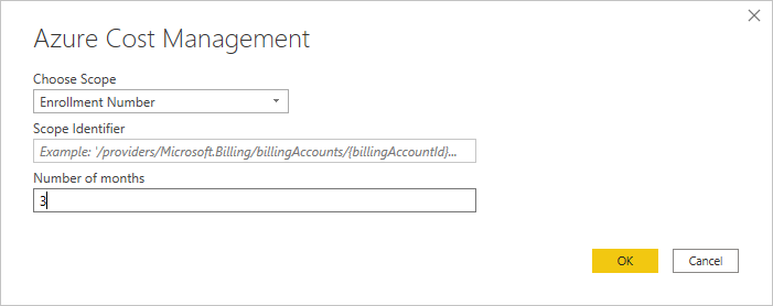 Screenshot shows the Azure Cost Management properties with a scope of Enrollment number.