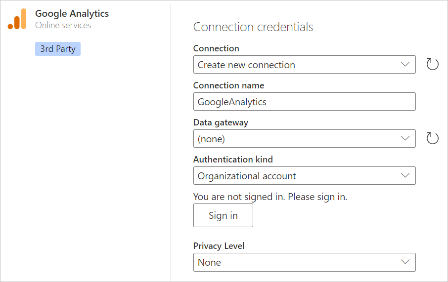 Image showing the connection page with a connection name and no gateway selected.