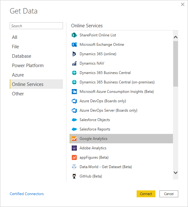 Screenshot of the Get Data desktop dialog from Google Analytics.