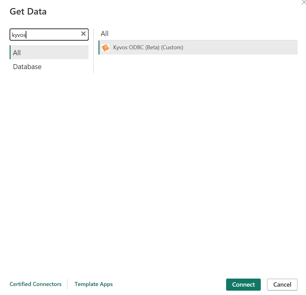 Screenshot of the Get Data dialog, showing the Kyvos ODBC Connector selection.