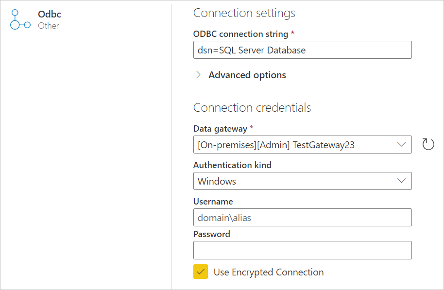 Image of ODBC page, with the connection string set to the SQL Server database