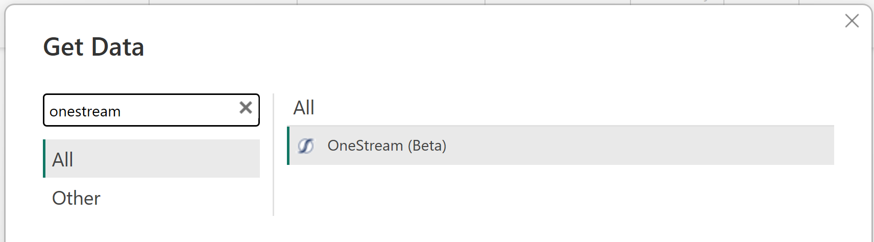 Screenshot of the get data dialog with OneStream entered in the search box.