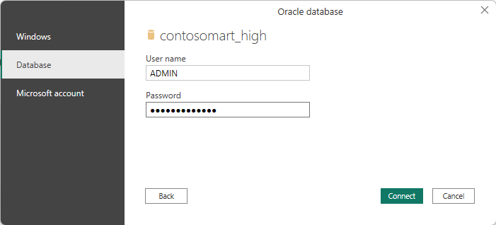 Image of the credentials dialog box, with Database selected, and the default database user name and password entered.