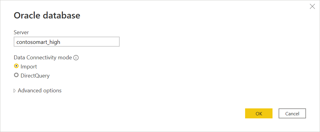 Image of the Oracle database dialog box with contosomart_high as the server name and import mode selected.