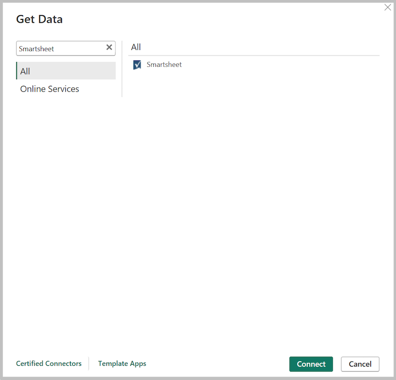 Screenshot of the Get Data dialog for Smartsheet.