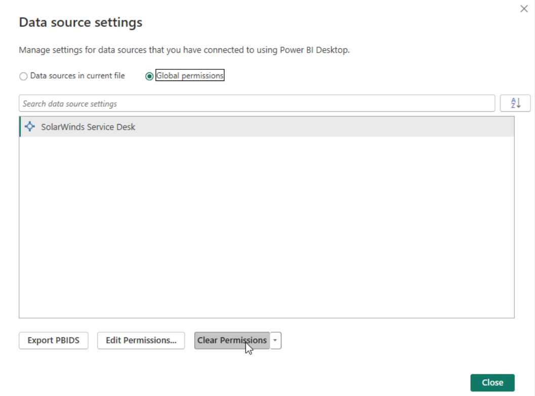 Screenshot of Select SolarWinds Service Desk datasource.