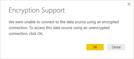 Screenshot of the SQL Server database encryption support warning.