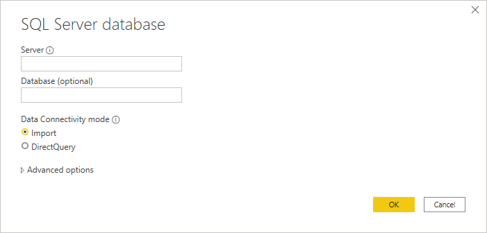 Screenshot of the SQL Server database connection builder in Power Query Desktop.