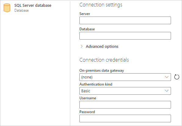 Screenshot of the SQL Server database connection builder in Power Query Online.