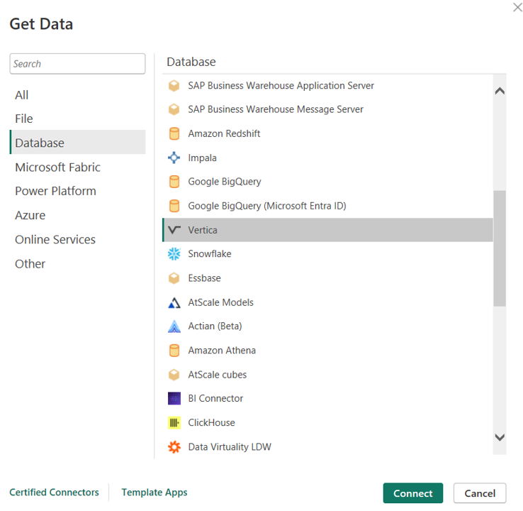 Image of the Get Data dialog with the Database category and Vertica connector selected.