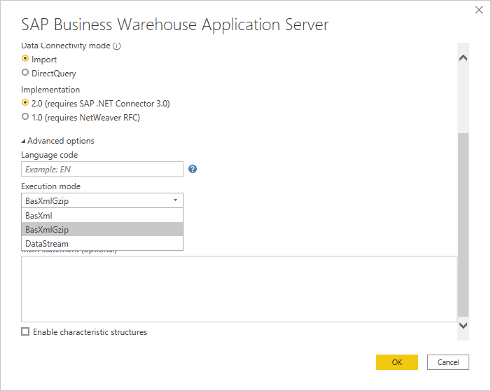 Sign in dialog box showing location of the Execution mode option.