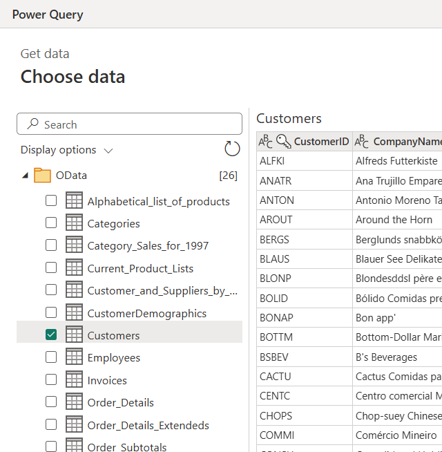 Screenshot of the Power Query navigator dialog, with the Customers table selected.