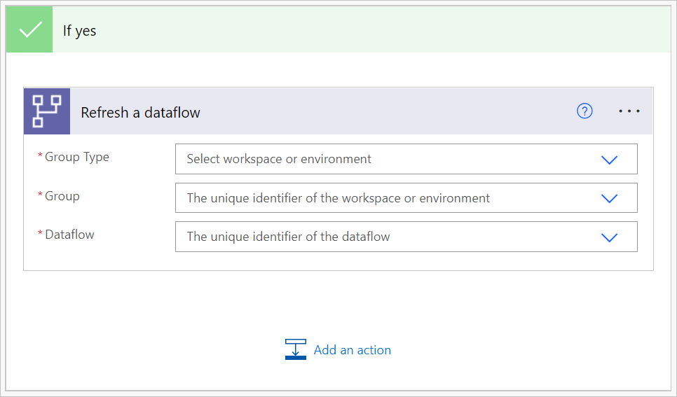 Image with the refresh a dataflow connector in the If yes dialog box.