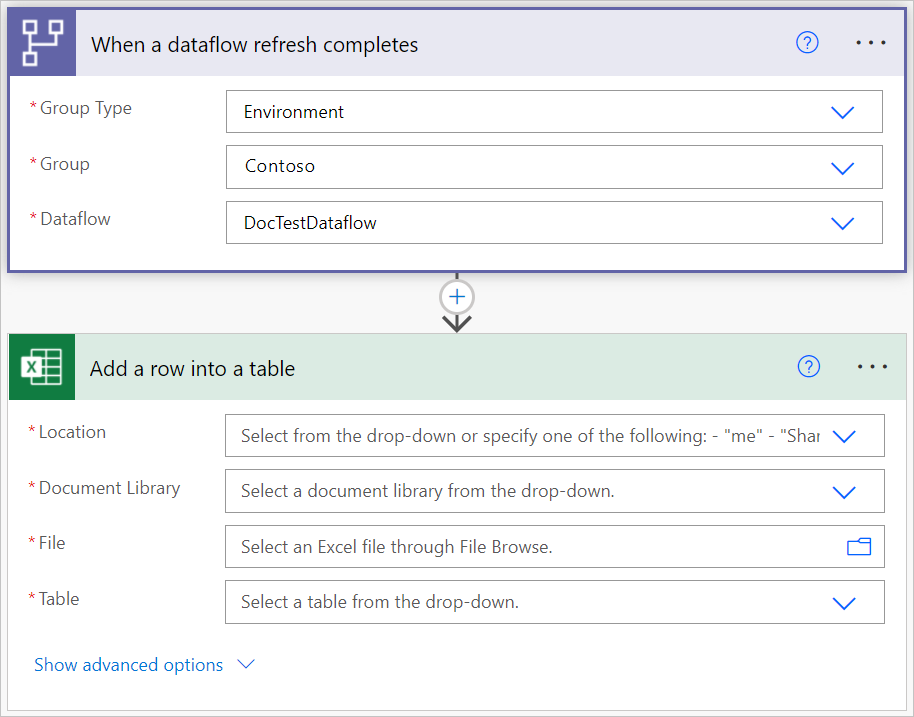 Image of the Excel Add a row into a table connection, with the fields ready to be filled in.