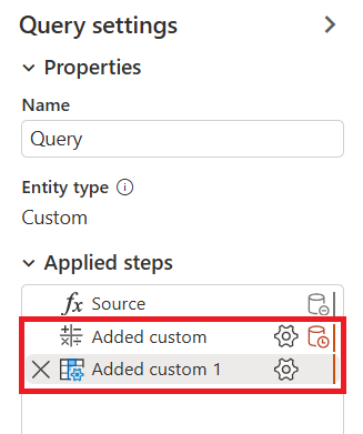 Custom column added to the applied steps list.