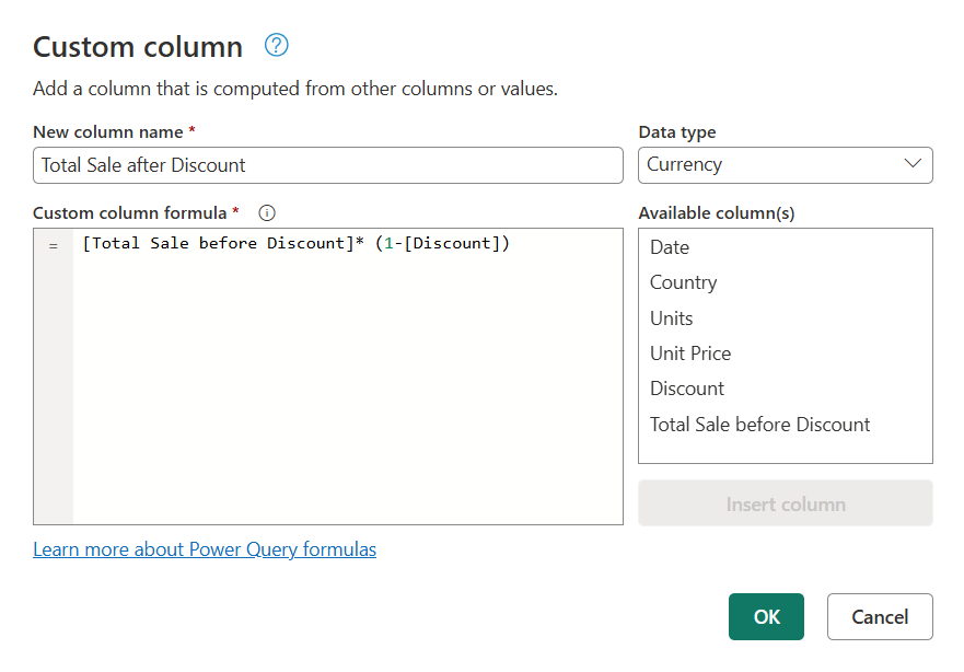 Screenshot of the Custom column formula for Total Sale after Discount.