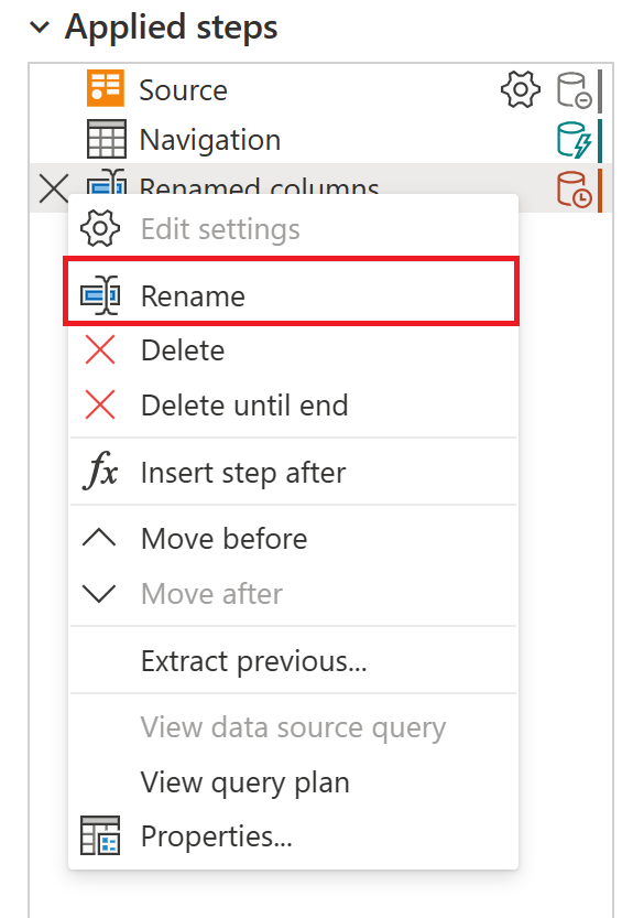 Screenshot of the step menu with the rename option emphasized.