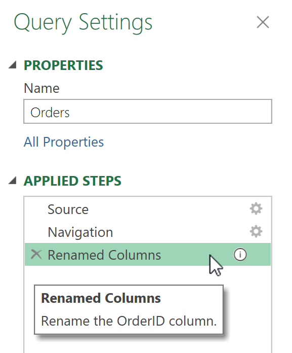 Screenshot of the Query settings pane with the description icon and the cursor hovering over a step to reveal the step name and step description in Power Query Desktop.