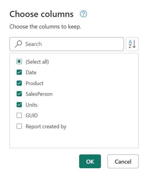 Screenshot of the Choose columns dialog with the date, product, sales person, and units columns selected.