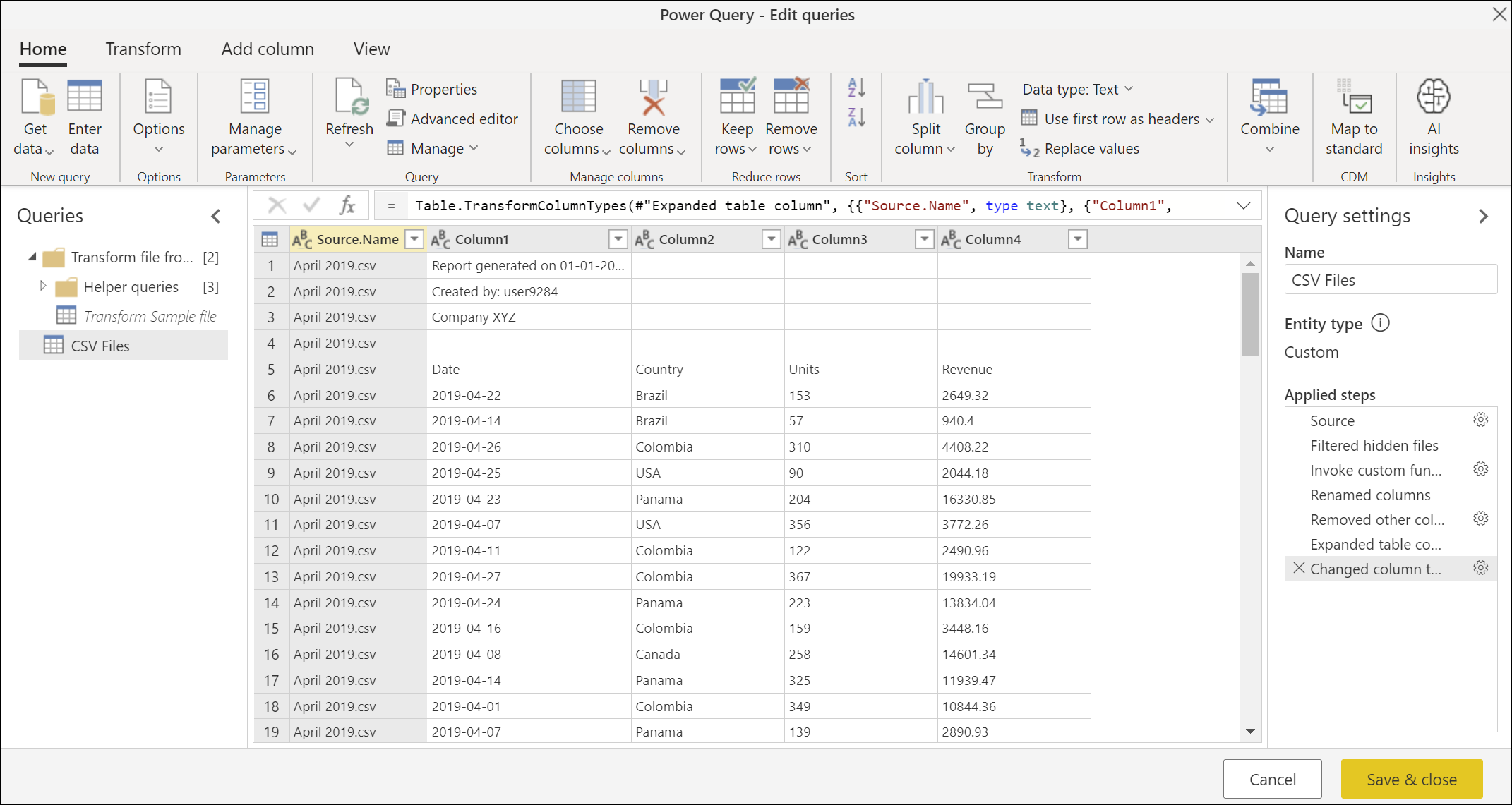 Output query for combined files without additional transformations.