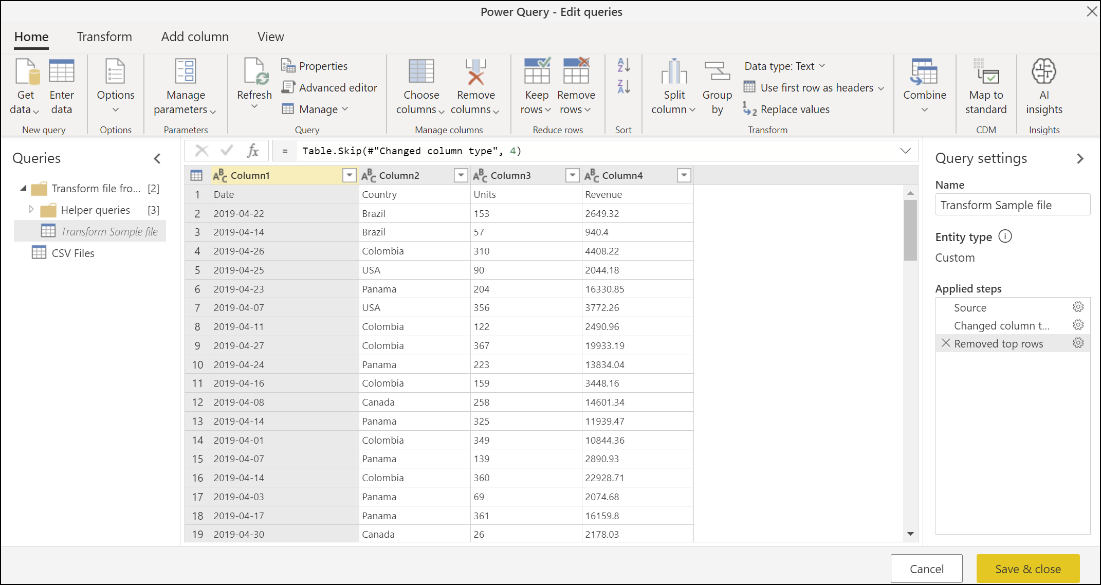 Sample query with removed rows.