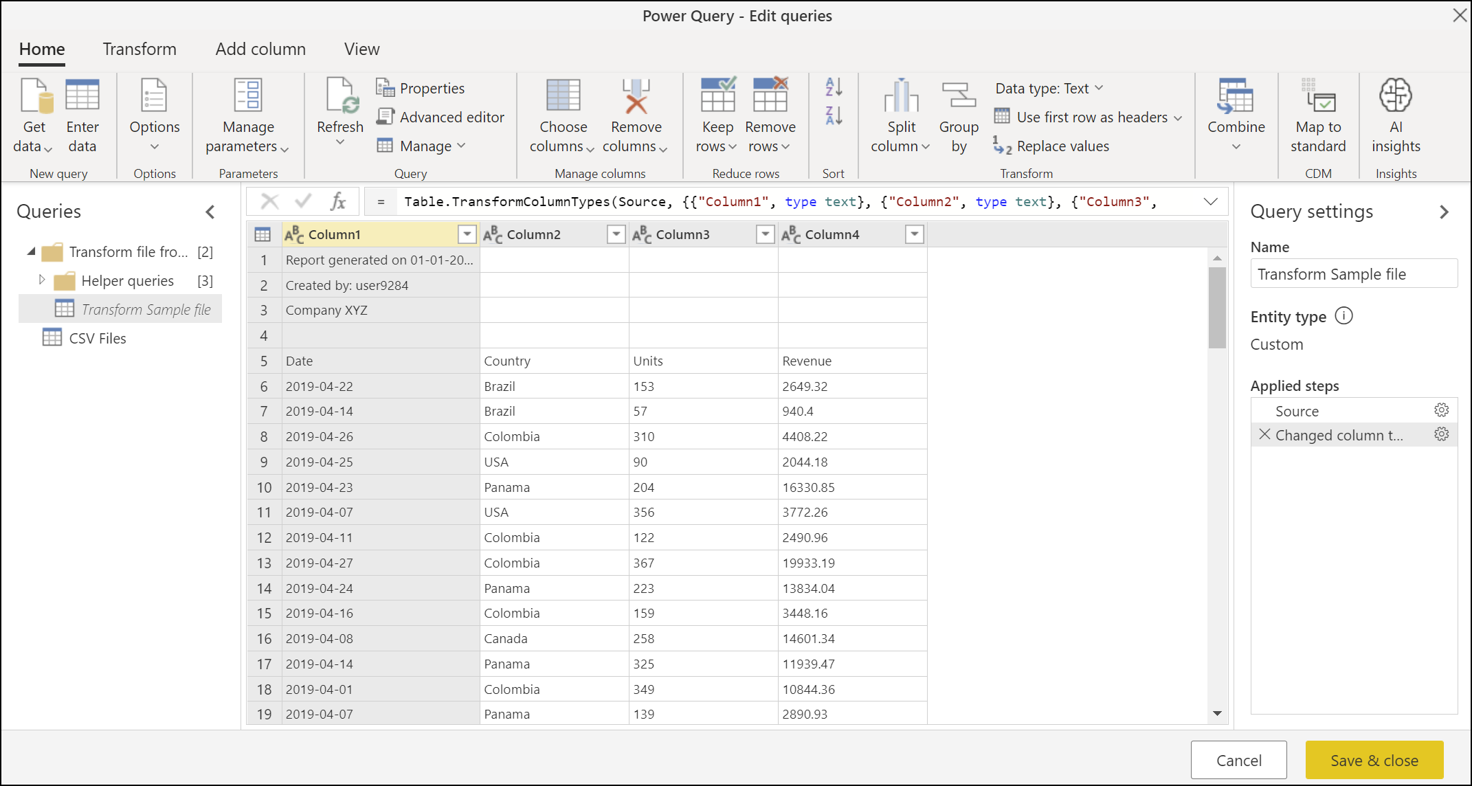 Table showing the data columns from April 2019, including the header section in the first four rows and the headings in the fifth row.