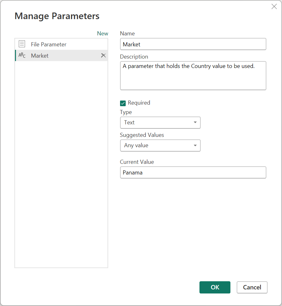 Screenshot of the new parameter with its required values.