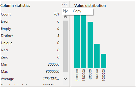 Screenshot of the copy shortcut menu in the column statistics column.