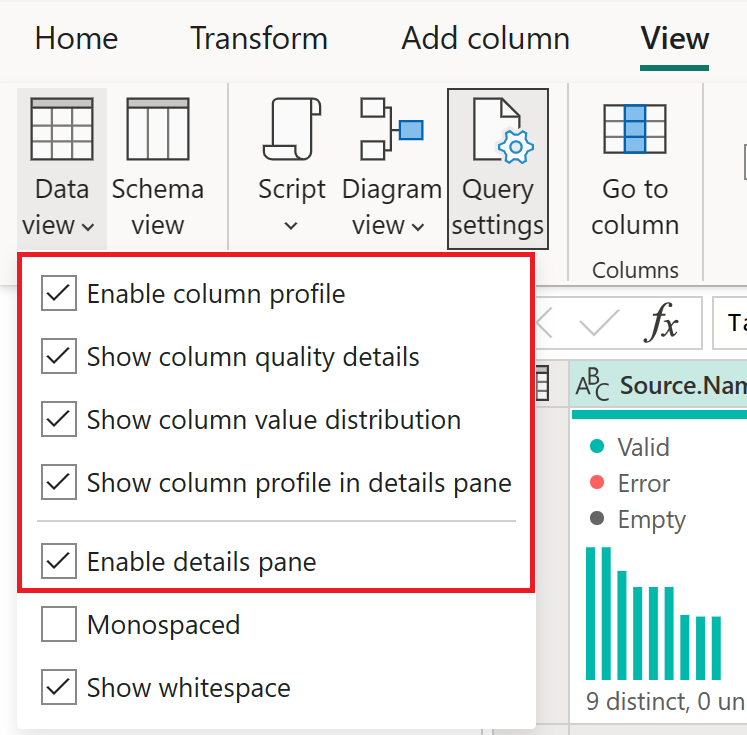 Screenshot of the data profiling tools selected under Data view in the View tab.