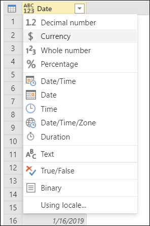 Screenshot of the data type menu in the column heading.