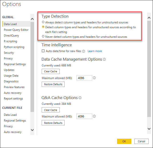 Screenshot of the desktop options to set the global type detection.